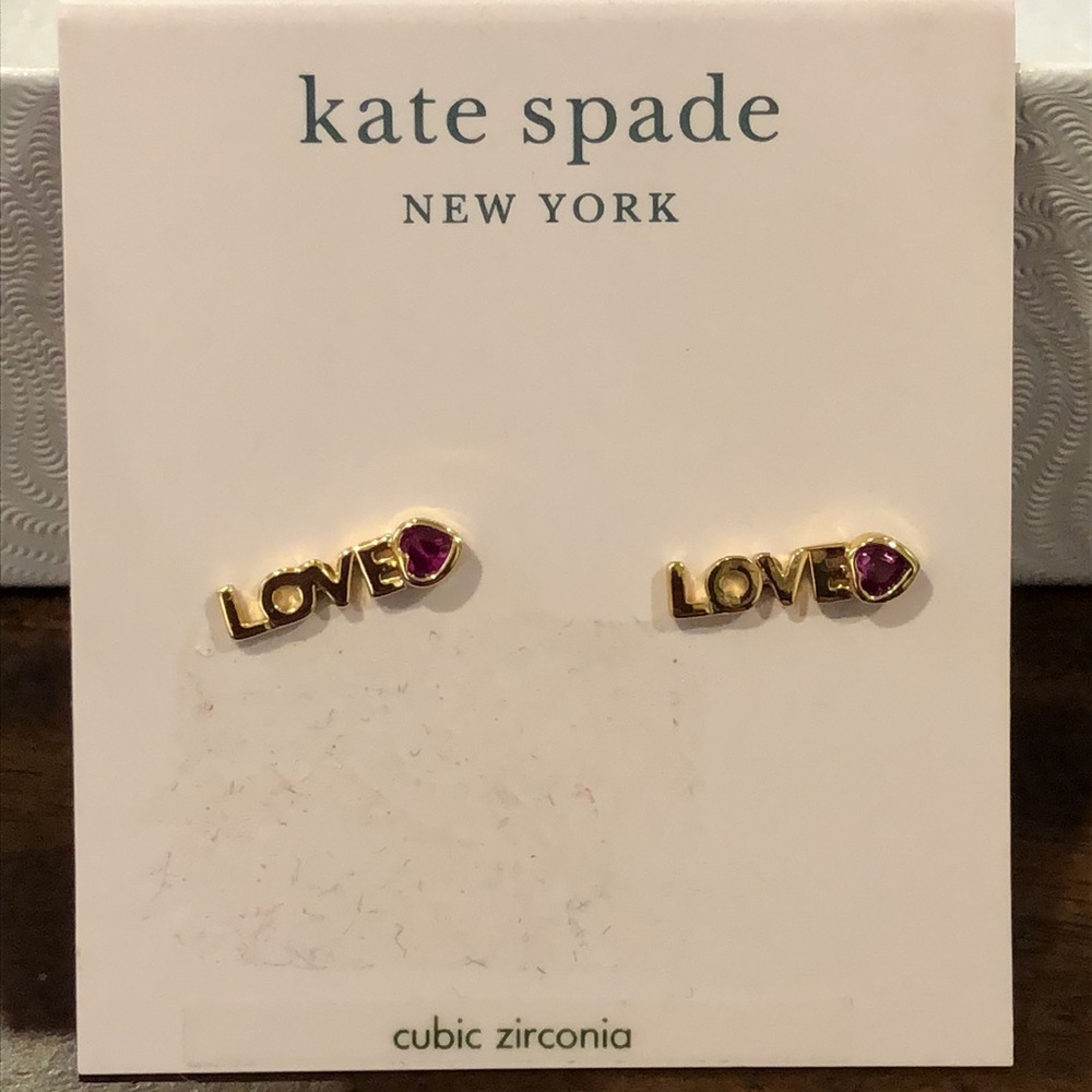 KATE SPADE Gold LOVE and Red Heart Cubic Zirconia Earrings
